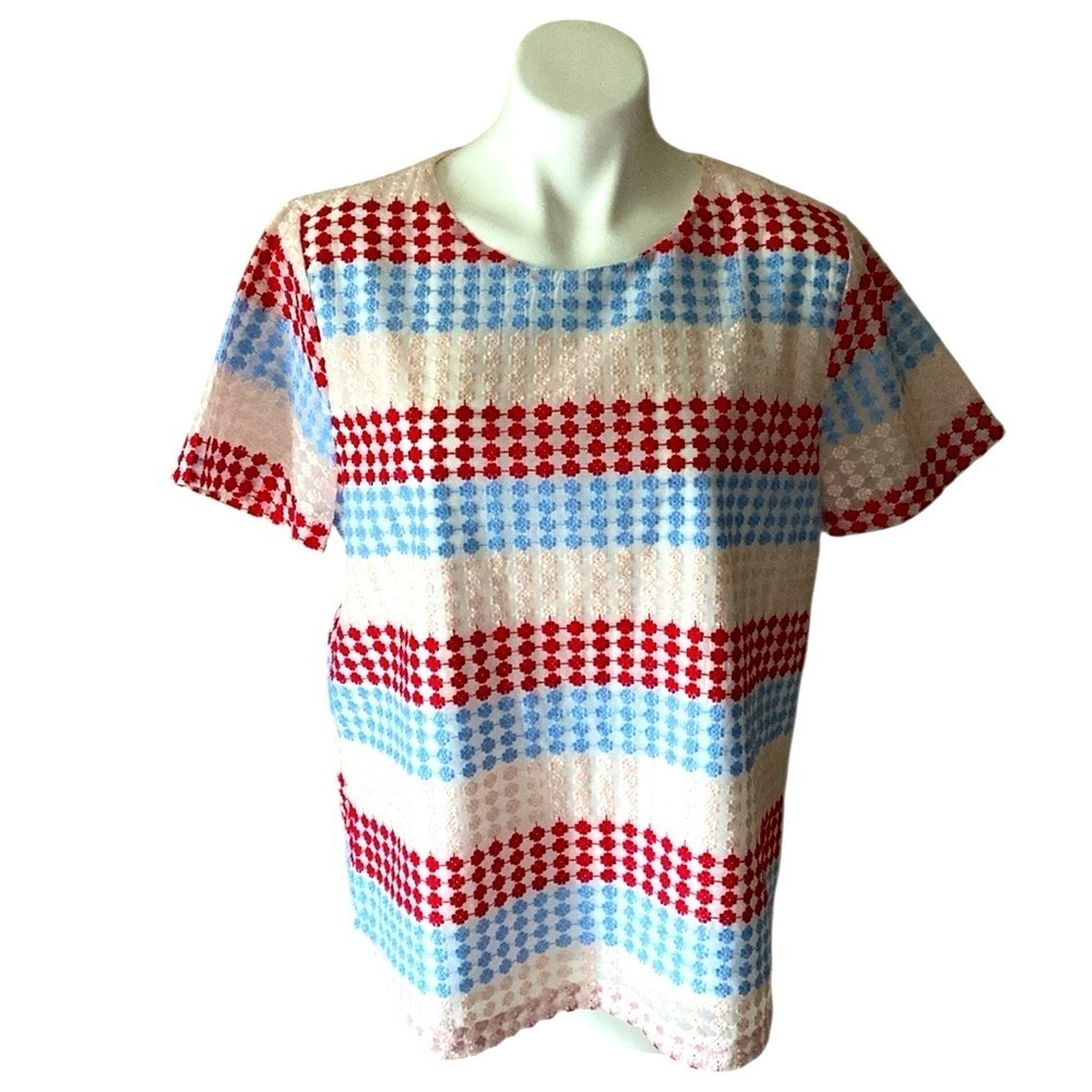 Entro Women’s Red, White, And Blue Floral Embroidered Short Sleeve Blouse Size L